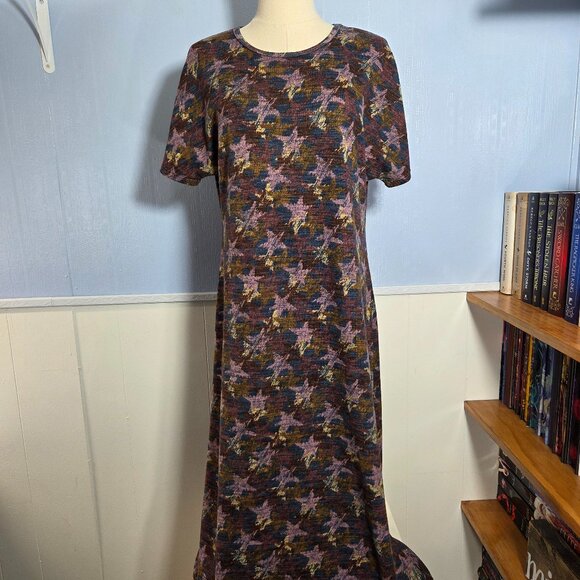 Lularoe Medium Brown Pink Stars Crewneck Shortsleeve Maxi Casual Dress - Picture 1 of 11